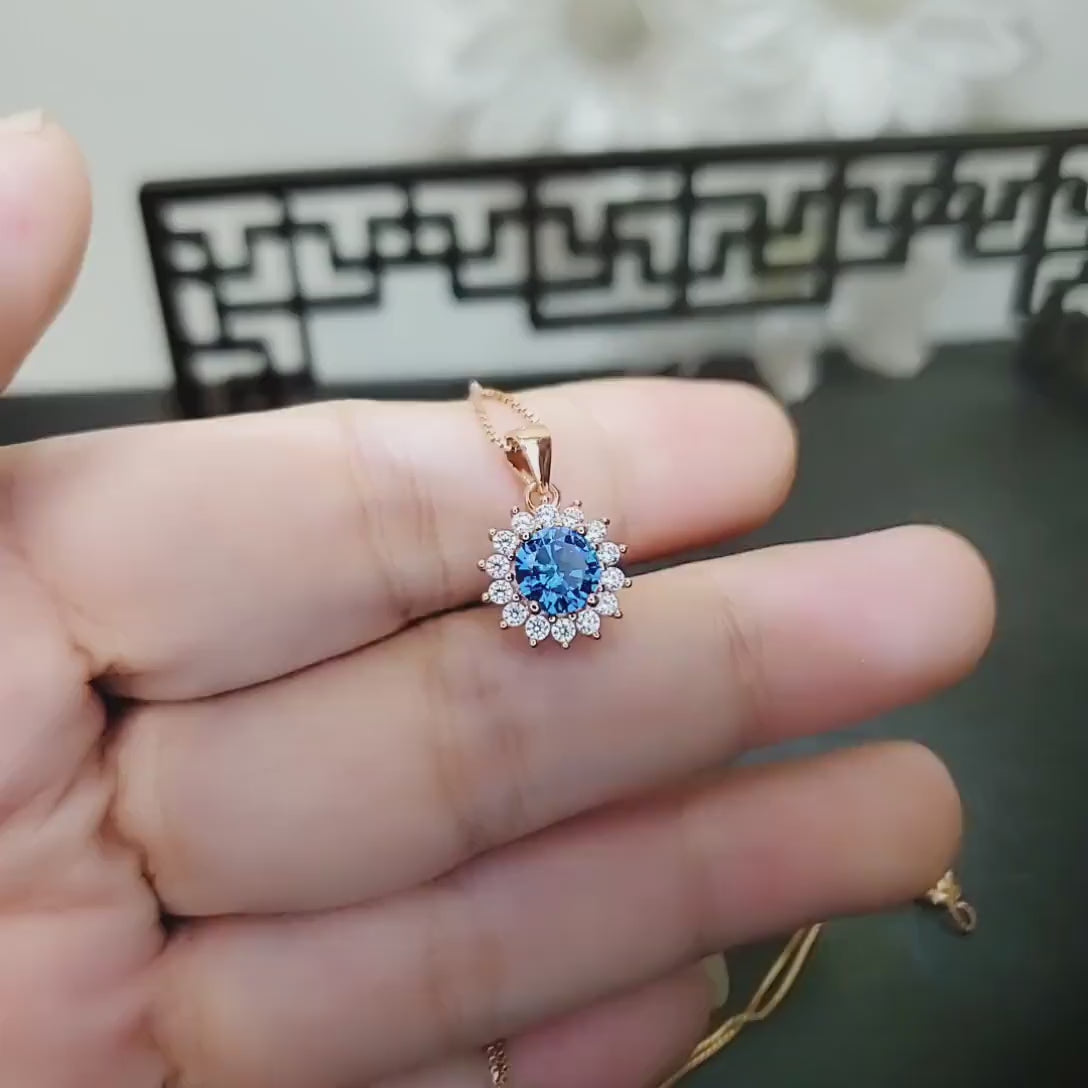 Tiny Rose Gold Blue Sapphire Necklace  - Gemstone Sterling Silver  - Sunflower 6mm 0.85 CT Blue Gemstone September Birthstone 027