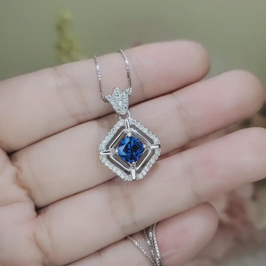 Square Blue Sapphire Necklace - White Gold plated Sterling Silver - 1 CT Blue Sapphire Pendant - Dainty Double Halo Tiny Crown Flower #392