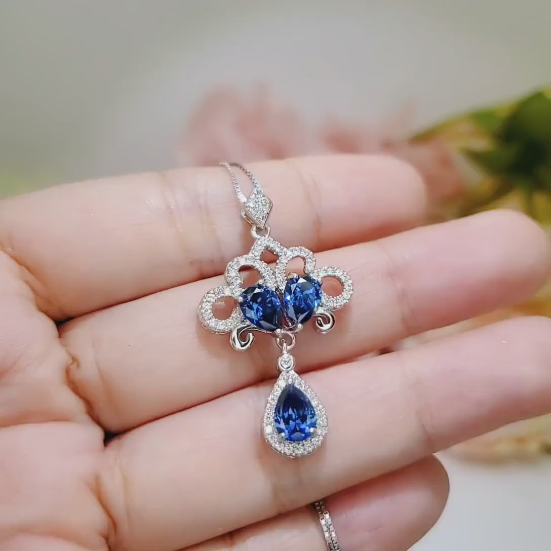 Tanzanite Necklace - Peacock Flowers Pendant - 18KGP @ Sterling Silver - Gemstone Tassel Teardrop Lab Created Blue Tanzanite Pendant #748