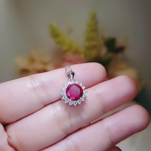 Red Ruby Necklace Sterling Silver - 8mm 2 CT Ruby Pendant - July Birthstone Princess Diana Style -  Solitaire Round Gemstone Necklace #124