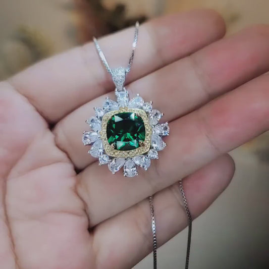 Large Square Emerald Necklace  Gemstone Halo Gold Square 7 CT 10 MM Green Emerald Pendant Sterling Silver White Gold plated #809