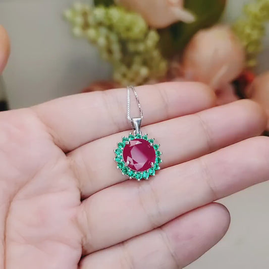 Large Round Ruby Necklace - Halo Circle 4 ct Red Ruby Pendant - White Gold coated Sterling Silver - July Birthstone #396