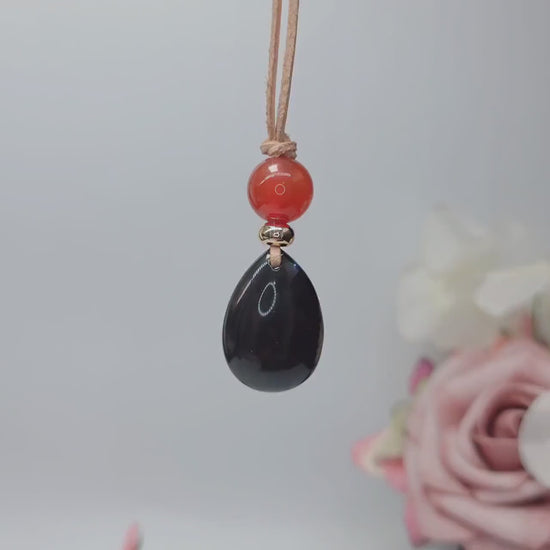 Obsidian Necklace Teardrop Pendant, Red Carnelian Natural Gemstone Chunky Geometric Jewelry, Adjustable Leather Cord