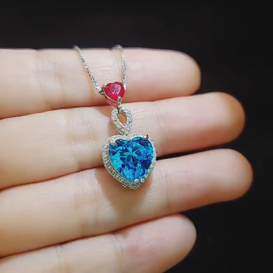 Double Heart Blue Topaz Necklace -  4 Ct Gemstone Halo Heart Connect Heart Necklace - November Birthstone -  Blue Topaz Pendant #1123