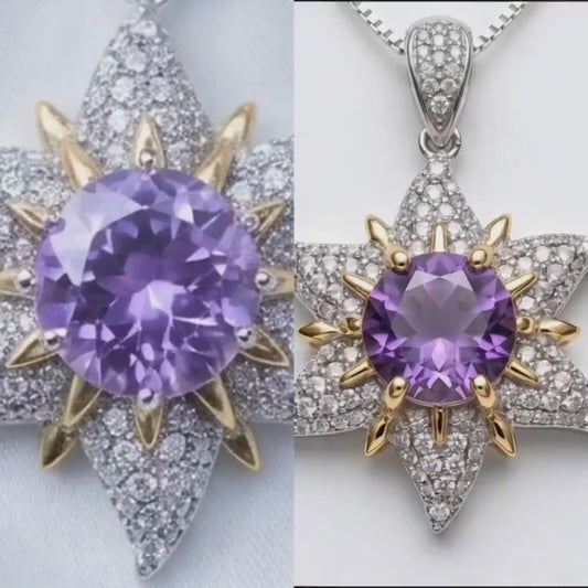 Genuine Amethyst Necklace - Celestial Point Star Pendant - 18KGP @ Sterling Silver - Round Cut Natural Amethyst Pendant February Birthstones