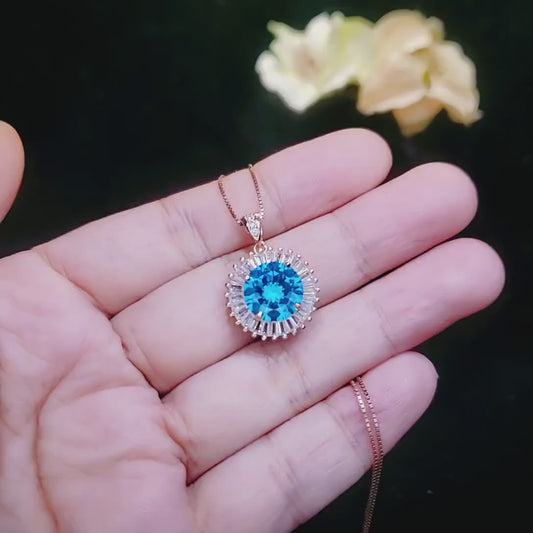 Rose Gold Blue Topaz Necklace - Sterling Silver Sunshine Large 4 CT  Round Blue Topaz Pendant - November Birthstone  Topaz Jewelry #529