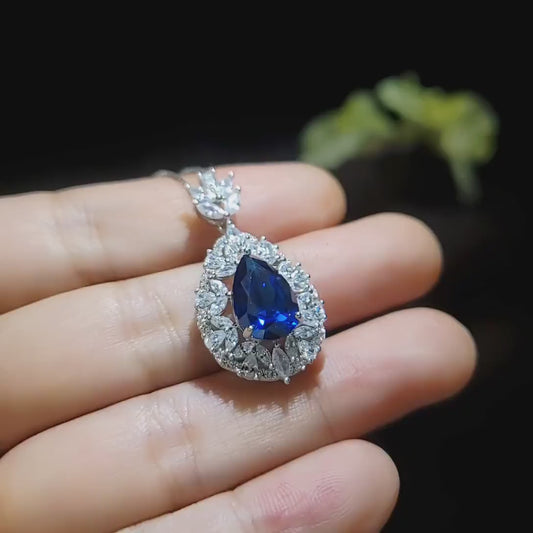 Sapphire Necklace Wheat Style Teardrop Pear 18KGP Sterling Silver - 3 CT Blue Sapphire Pendant - Gemstone Flower September Birthstone #908