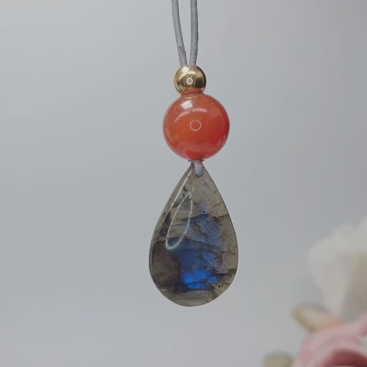 Blue Flash Labradorite Necklace, Chunky Geometric Carnelian Jewelry, July Birthstone Gift for Her, Adjustable Leather Cord