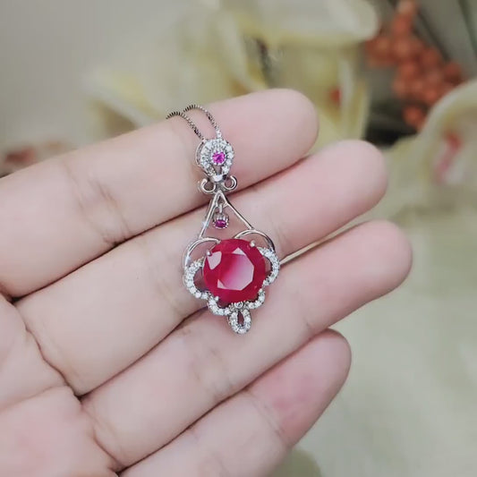 Large Ruby Necklace - Sterling Silver Round Ruby Flower Necklace - July Birthstone Bridal Ruby Jewelry 1034