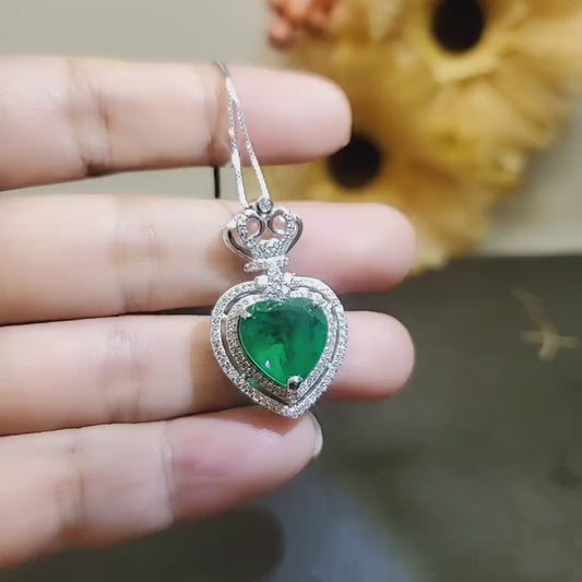 Large Green Emerald Heart Necklace - May Birthstone - Sterling Silver double halo Manmade Synthetic Green Emerald pendant #979