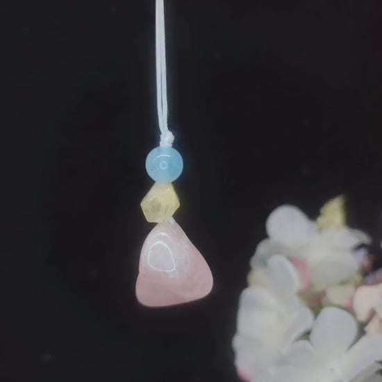 Rose Quartz  Aquamarine Necklace, Natural Pink Crystal Chunky Pendant, Chunky Zen Gold Aura Accents, Adjustable Cord, Heart Energy #2069