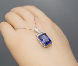 Sterling Silver Rectangular Tanzanite Necklace 10.5 CT Emerald Cut Sim Diamond White Gold Coated Large Lab Created Blue Tanzanite Pendant