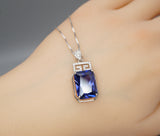 Sterling Silver Rectangular Tanzanite Necklace 10.5 CT Emerald Cut Sim Diamond White Gold Coated Large Lab Created Blue Tanzanite Pendant