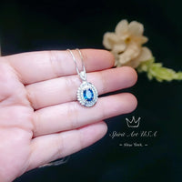 Diamond Halo Blue Sapphire Necklace - Unique Dainty Luxury 2 CT  Blue Sapphire Pendant - 18KGP @ Sterling Silver - Blue Sapphire Jewelry