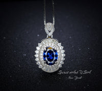 Diamond Halo Blue Sapphire Necklace - Unique Dainty Luxury 2 CT  Blue Sapphire Pendant - 18KGP @ Sterling Silver - Blue Sapphire Jewelry